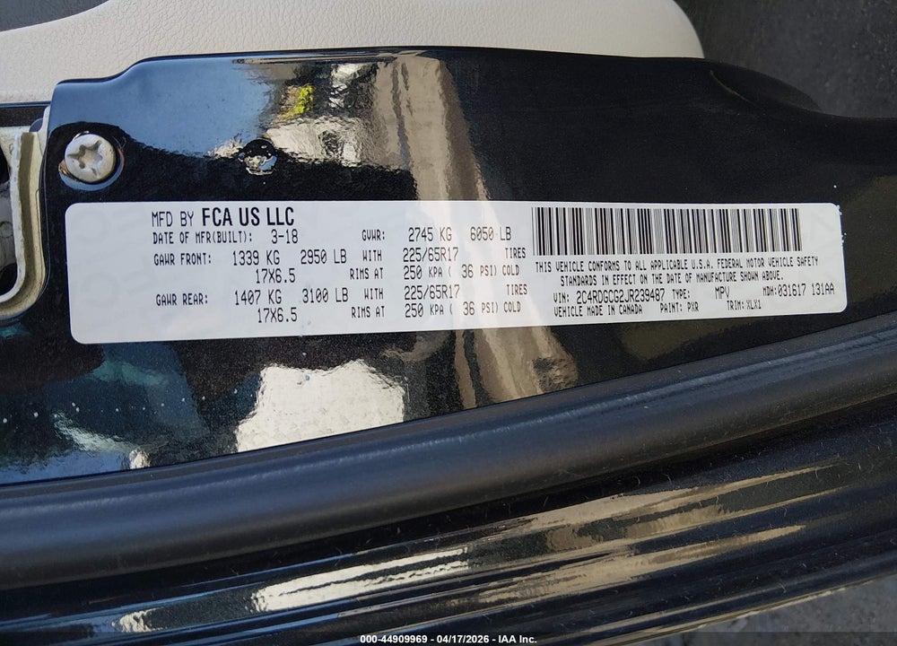 2018 DODGE GRAND CARAVAN SXT VIN: 2C4RDGCG2JR239487