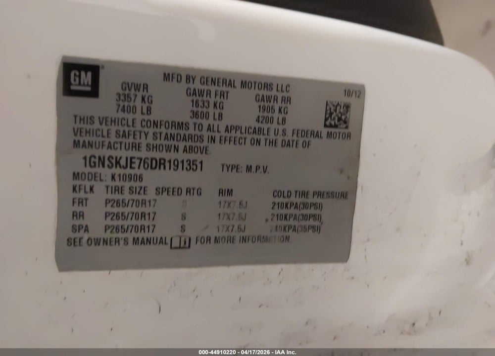 2013 CHEVROLET SUBURBAN 1500 LT VIN: 1GNSKJE76DR191351