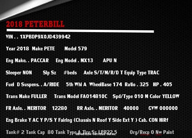 2018 PETERBILT 579 VIN: 1XPBDP9X0JD439942