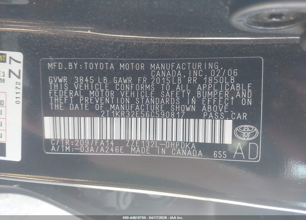 2006 TOYOTA MATRIX VIN: 2T1KR32E56C590817