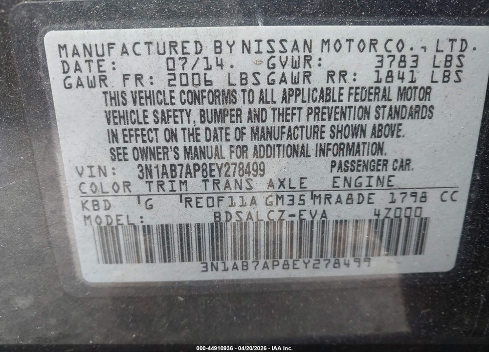 2014 NISSAN SENTRA S VIN: 3N1AB7AP8EY278499