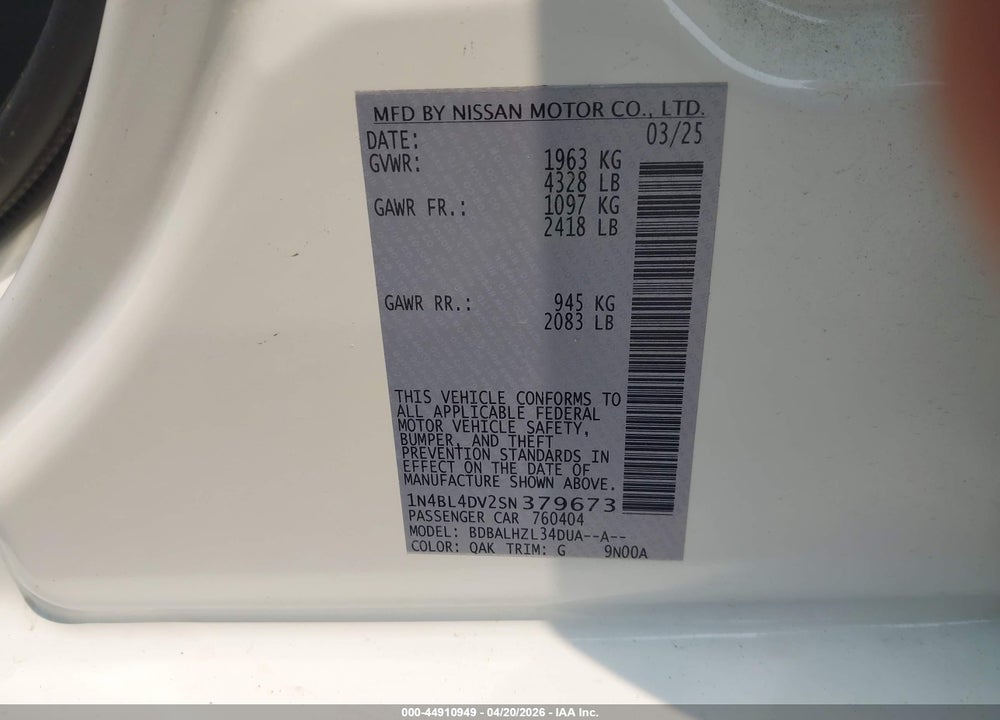 2025 NISSAN ALTIMA SV FWD VIN: 1N4BL4DV2SN379673