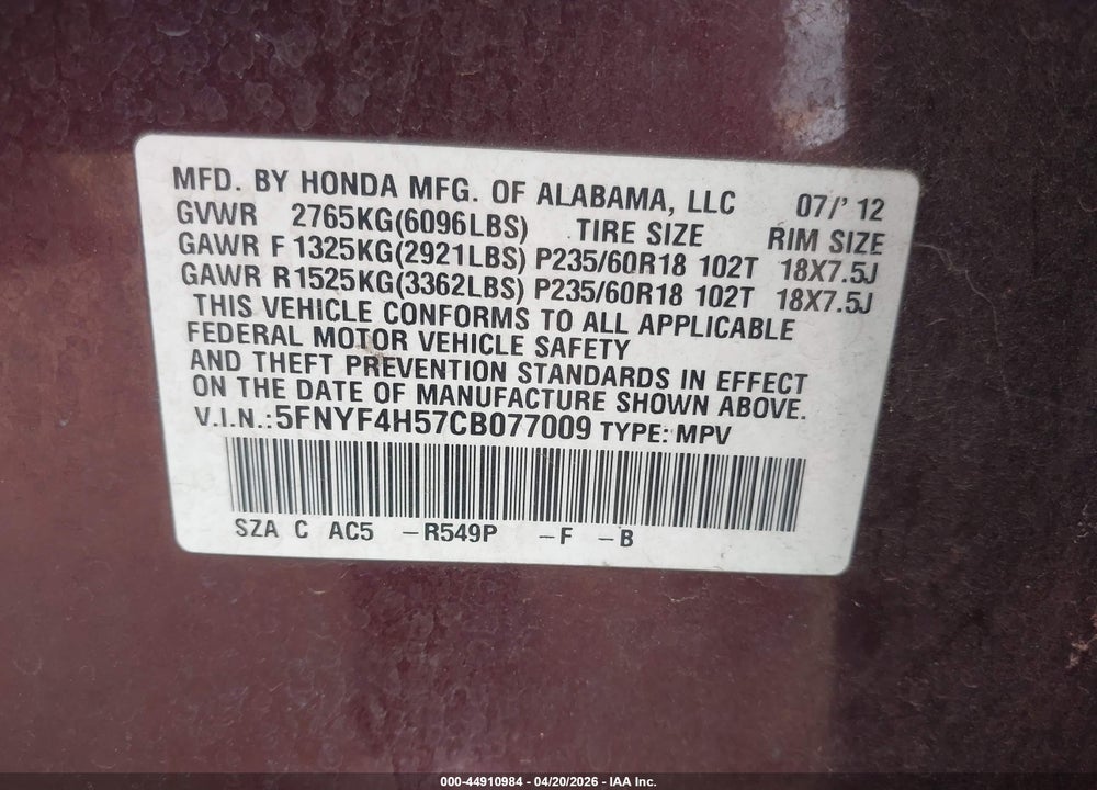 2012 HONDA PILOT EX-L VIN: 5FNYF4H57CB077009