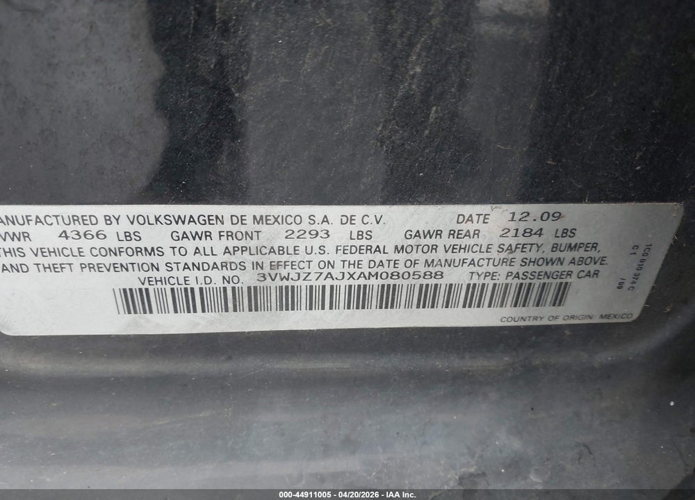 2010 VOLKSWAGEN JETTA S VIN: 3VWJZ7AJXAM080588