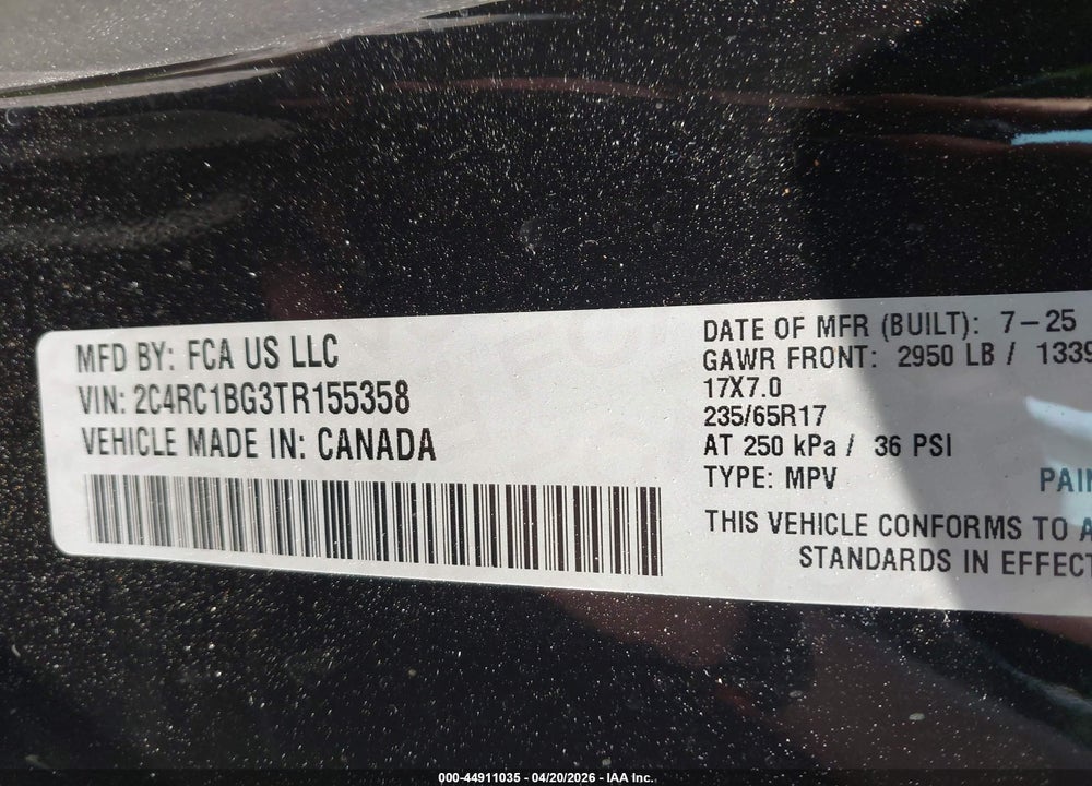 2026 CHRYSLER PACIFICA SELECT VIN: 2C4RC1BG3TR155358