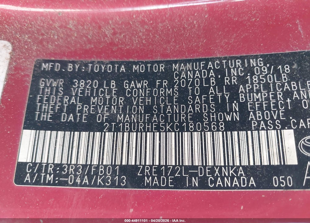 2019 TOYOTA COROLLA LE VIN: 2T1BURHE5KC180568