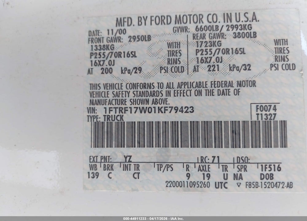 2001 FORD F-150 XL/XLT VIN: 1FTRF17W01KF79423