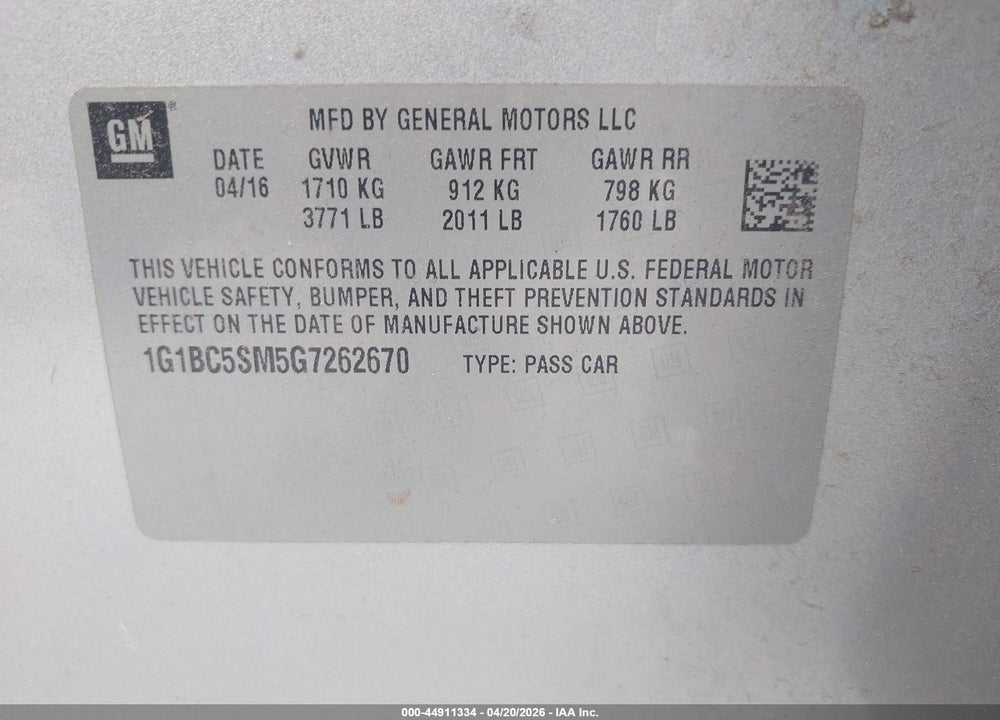 2016 CHEVROLET CRUZE LS VIN: 1G1BC5SM5G7262670