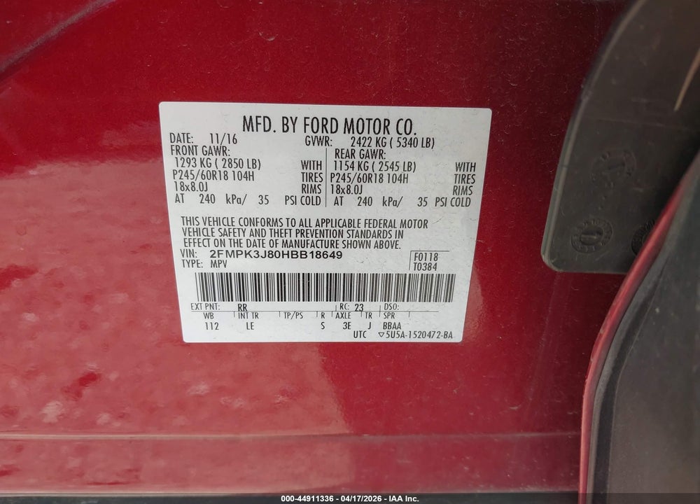 2017 FORD EDGE SEL VIN: 2FMPK3J80HBB18649