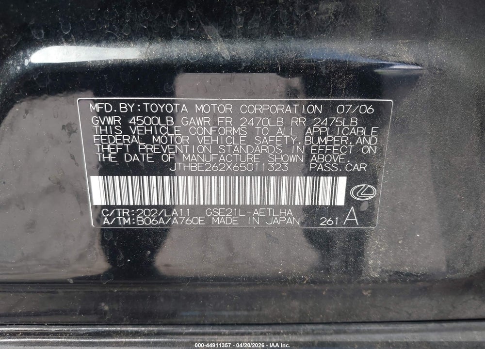 2006 LEXUS IS 350 VIN: JTHBE262X65011323