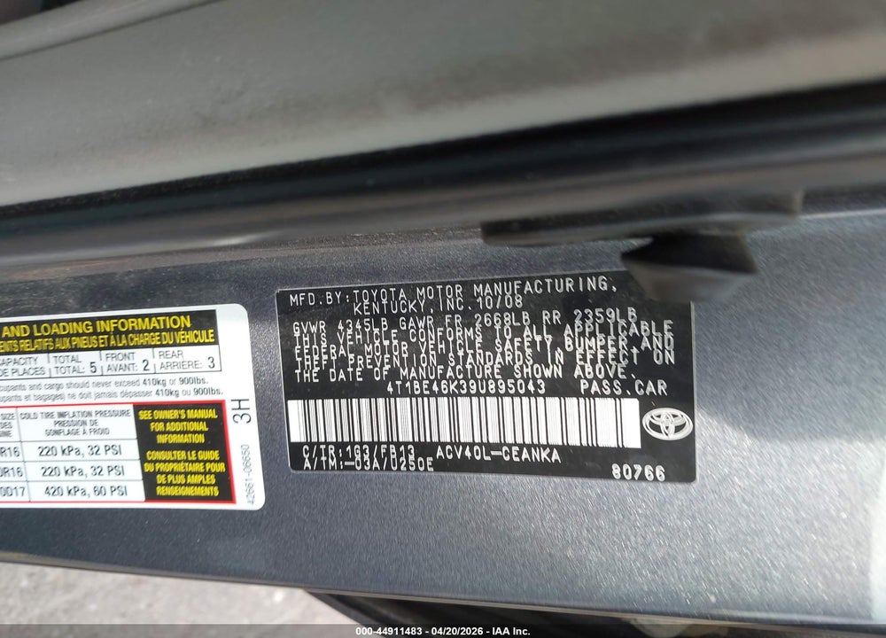 2009 TOYOTA CAMRY LE VIN: 4T1BE46K39U895043
