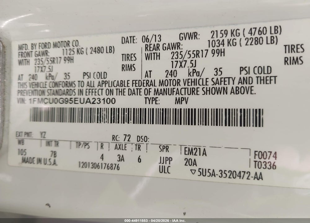 2014 FORD ESCAPE SE VIN: 1FMCU0G95EUA23100