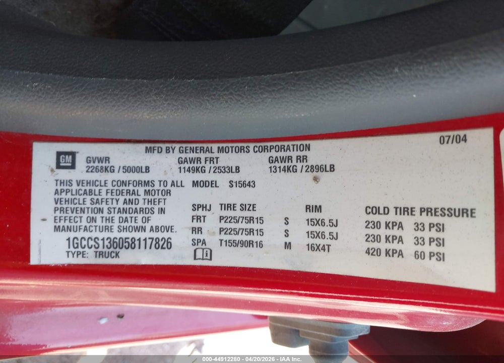 2005 CHEVROLET COLORADO LS VIN: 1GCCS136058117826