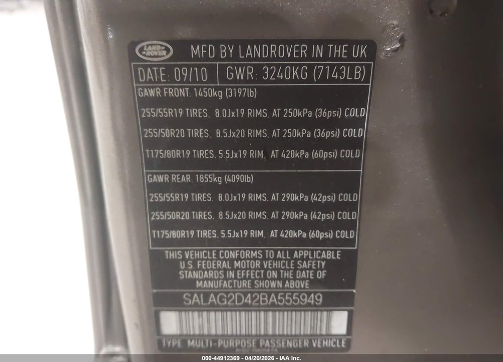 2011 LAND ROVER LR4 VIN: SALAG2D42BA555949