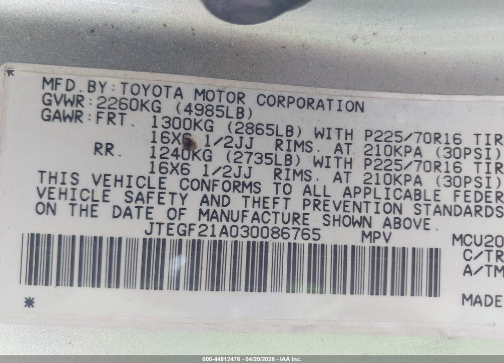 2003 TOYOTA HIGHLANDER V6 VIN: JTEGF21A030086765