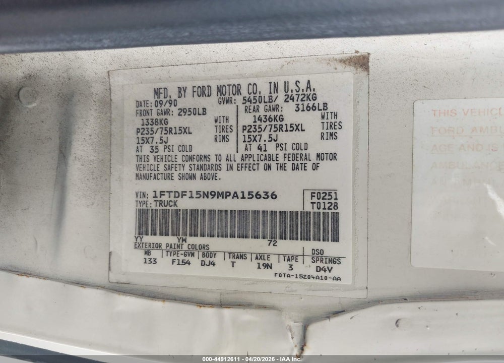 1991 FORD F150 VIN: 1FTDF15N9MPA15636