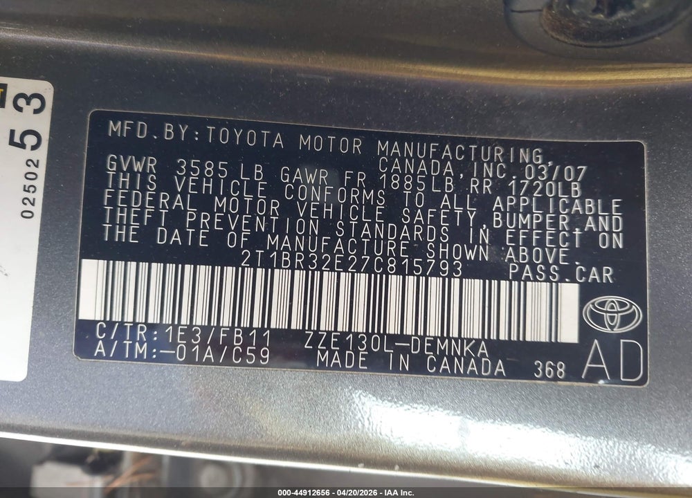 2007 TOYOTA COROLLA LE VIN: 2T1BR32E27C815793