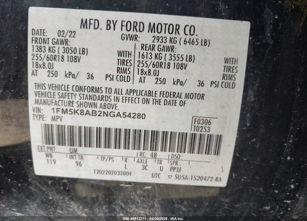 2022 FORD POLICE INTERCEPTOR UTILITY VIN: 1FM5K8AB2NGA54280