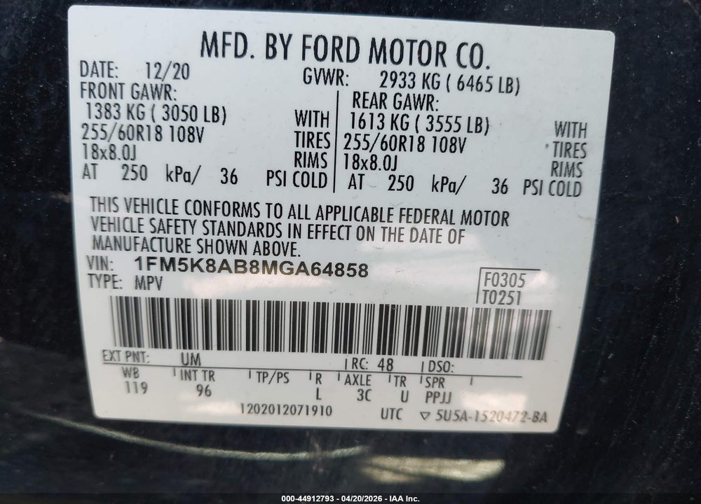 2021 FORD POLICE INTERCEPTOR UTILITY VIN: 1FM5K8AB8MGA64858