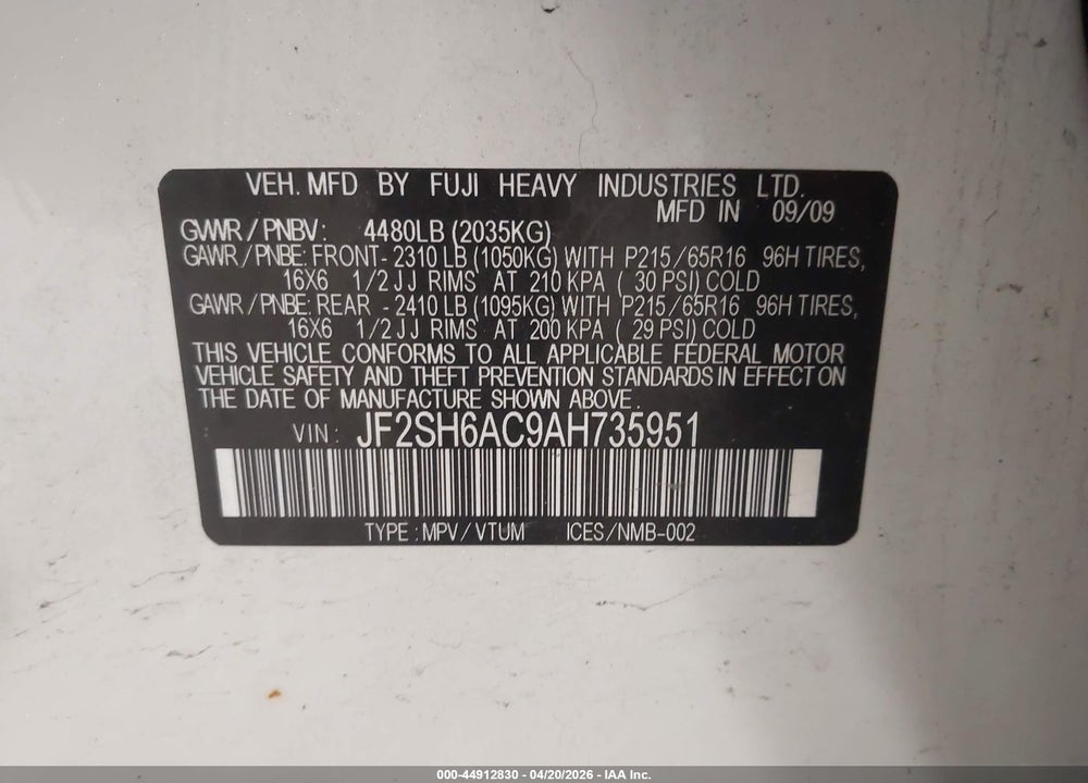 2010 SUBARU FORESTER 2.5X VIN: JF2SH6AC9AH735951
