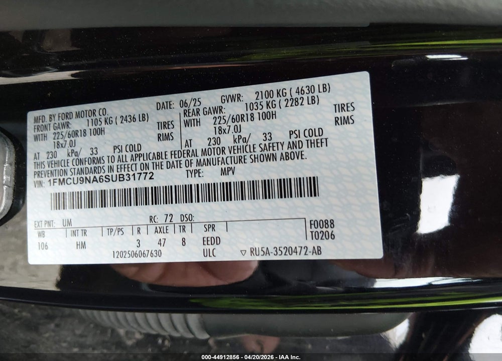 2025 FORD ESCAPE ST-LINE SELECT VIN: 1FMCU9NA6SUB31772