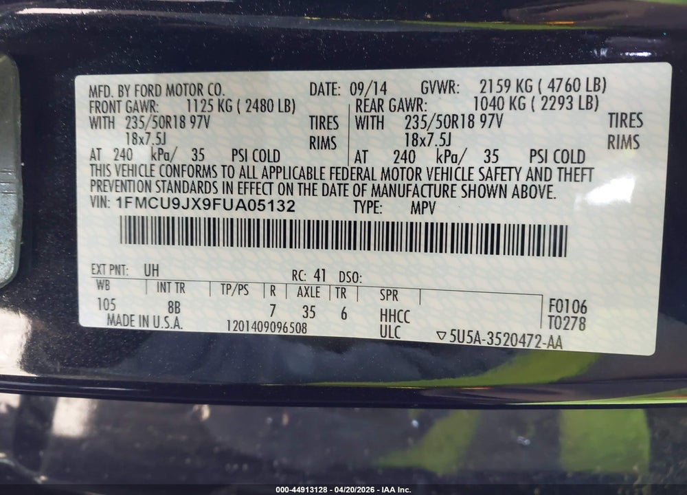 2015 FORD ESCAPE TITANIUM VIN: 1FMCU9JX9FUA05132