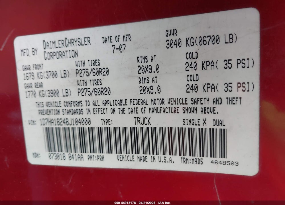2008 DODGE RAM 1500 SLT VIN: 1D7HA18248J104000