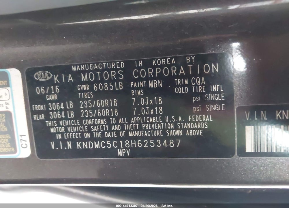 2017 KIA SEDONA EX VIN: KNDMC5C18H6253487