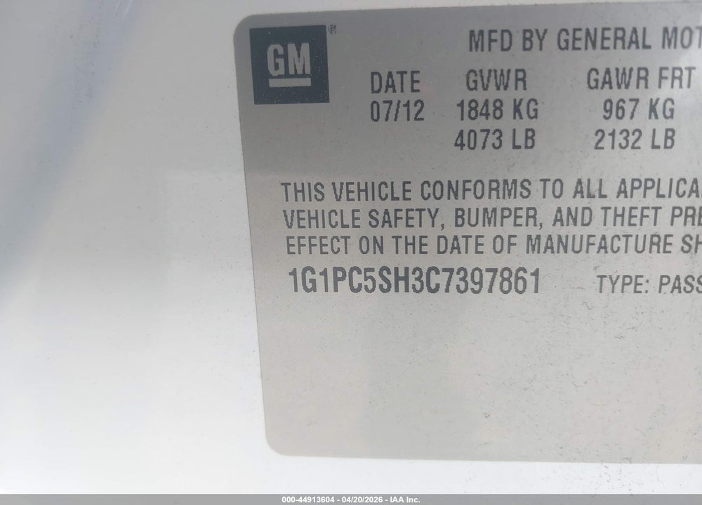 2012 CHEVROLET CRUZE LS VIN: 1G1PC5SH3C7397861