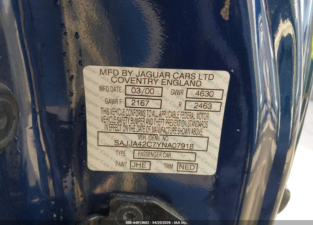 2000 JAGUAR XK8 VIN: SAJJA42C7YNA07918