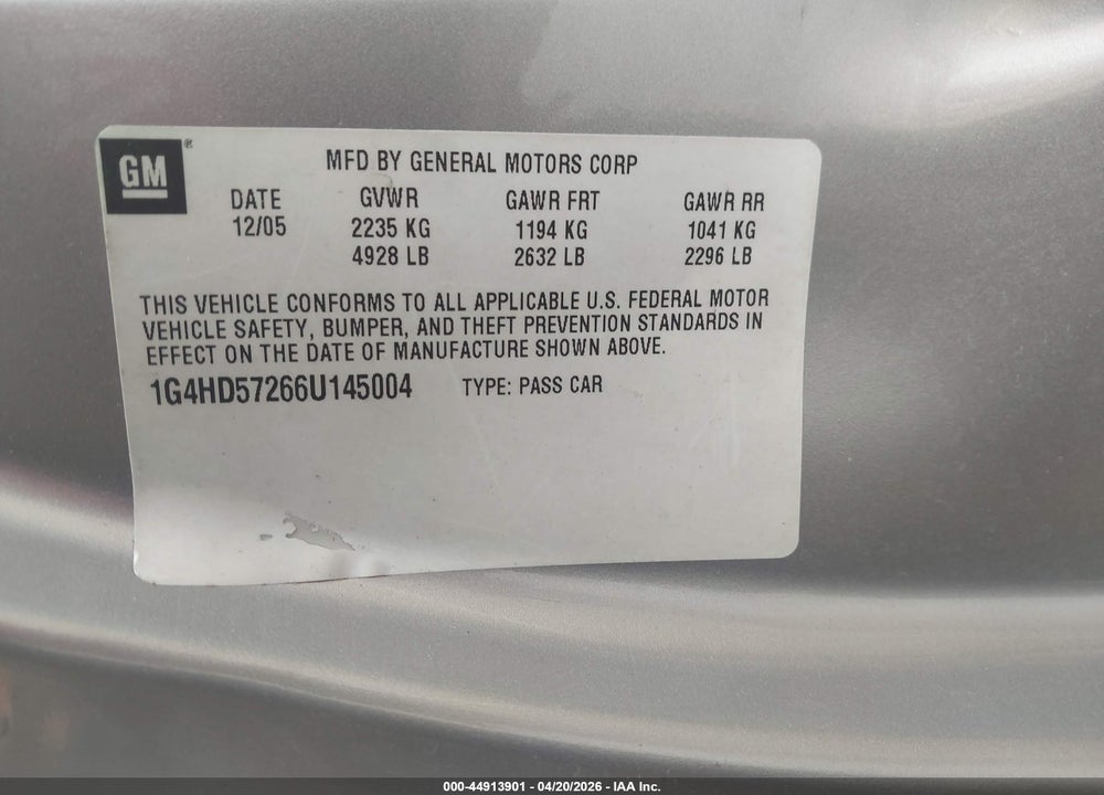 2006 BUICK LUCERNE CXL VIN: 1G4HD57266U145004