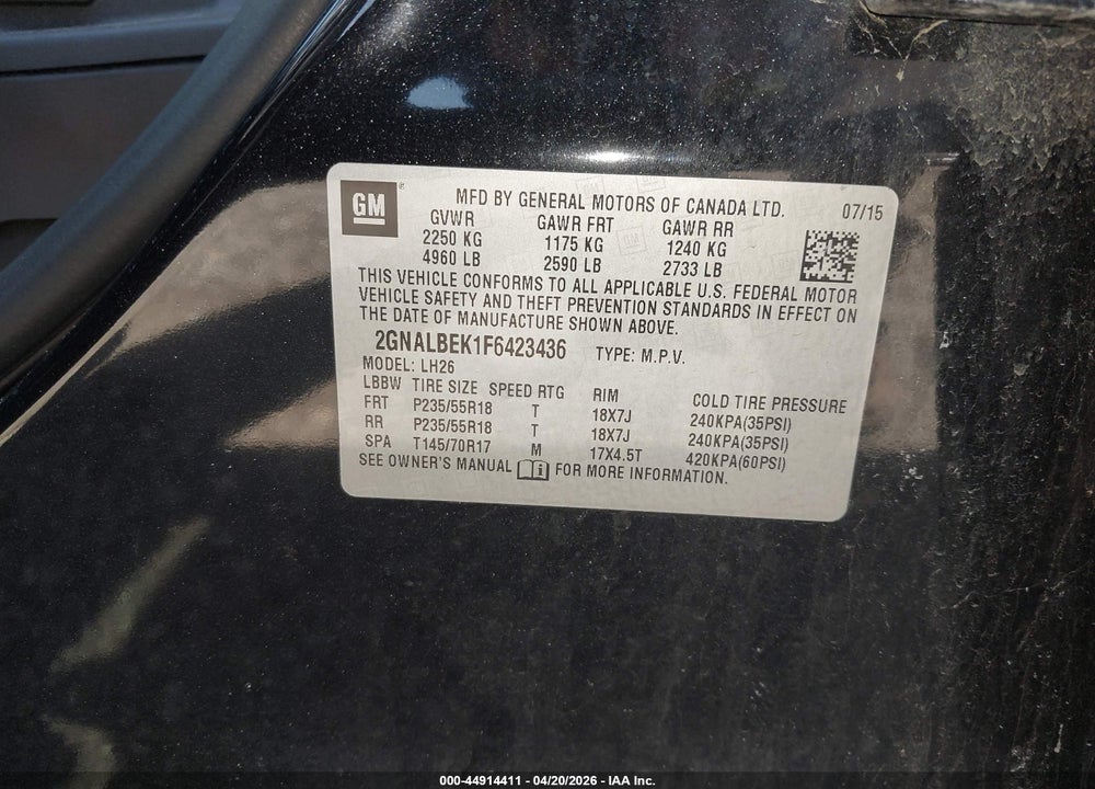 2015 CHEVROLET EQUINOX 1LT VIN: 2GNALBEK1F6423436