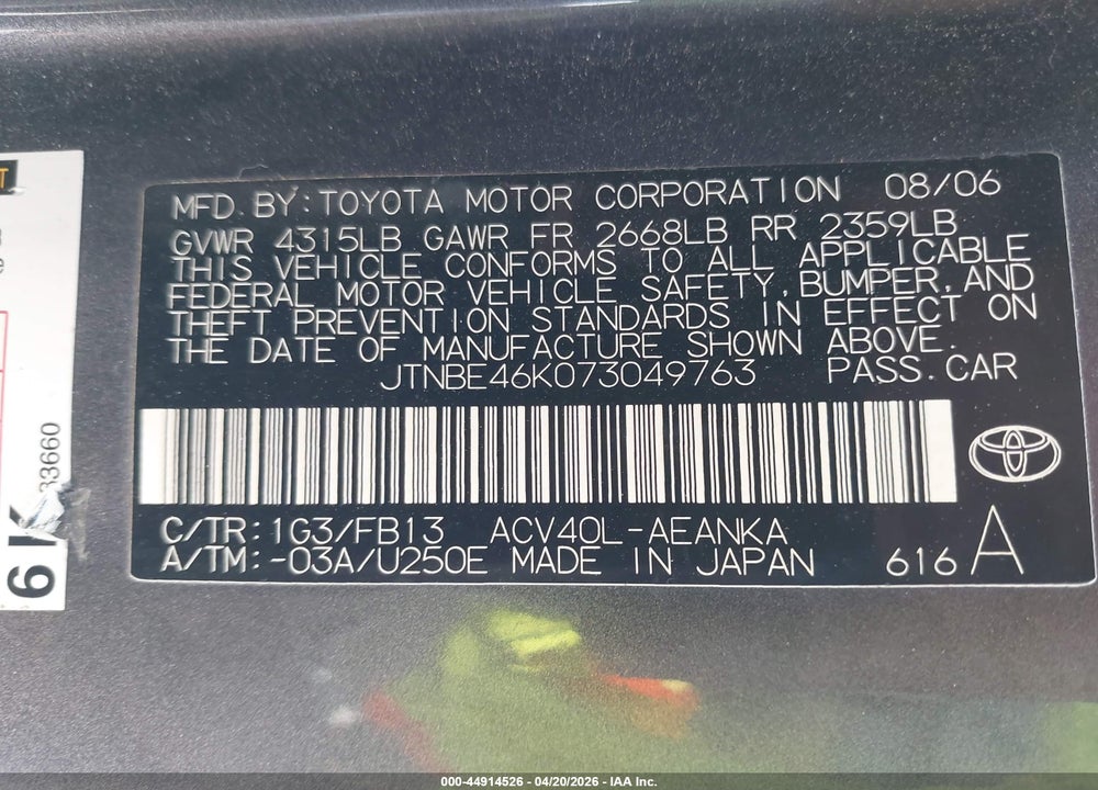 2007 TOYOTA CAMRY LE VIN: JTNBE46K073049763