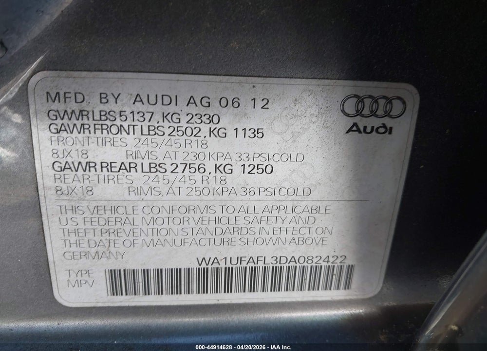 2013 AUDI ALLROAD 2.0T PREMIUM PLUS VIN: WA1UFAFL3DA082422