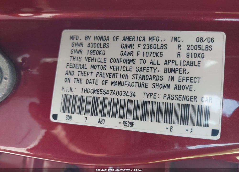 2007 HONDA ACCORD 3.0 EX VIN: 1HGCM65547A003434