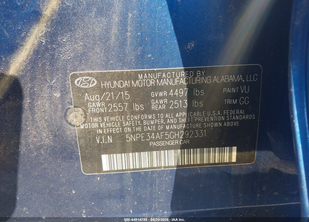 2016 HYUNDAI SONATA SPORT VIN: 5NPE34AF5GH292331