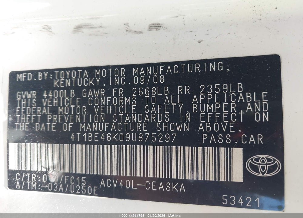 2009 TOYOTA CAMRY SE VIN: 4T1BE46K09U875297
