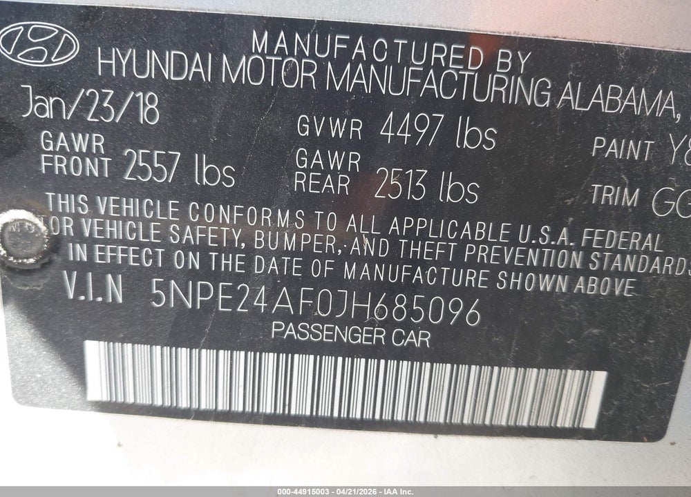 2018 HYUNDAI SONATA SE VIN: 5NPE24AF0JH685096
