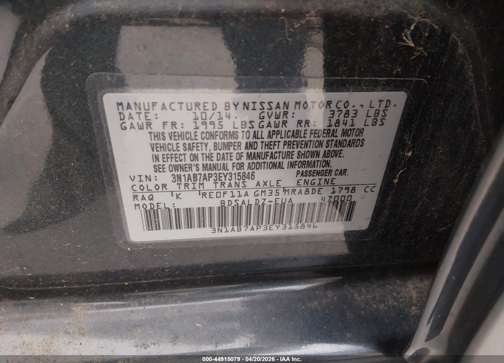 2014 NISSAN SENTRA SV VIN: 3N1AB7AP3EY315846