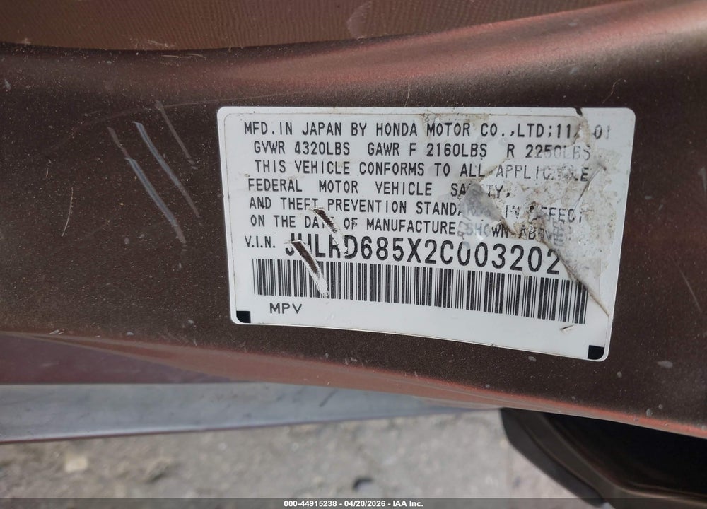 2002 HONDA CR-V LX VIN: JHLRD685X2C003202