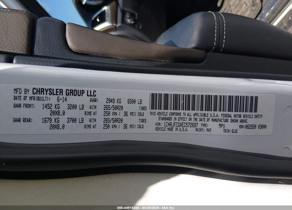 2014 JEEP GRAND CHEROKEE OVERLAND VIN: 1C4RJFCGXEC572697