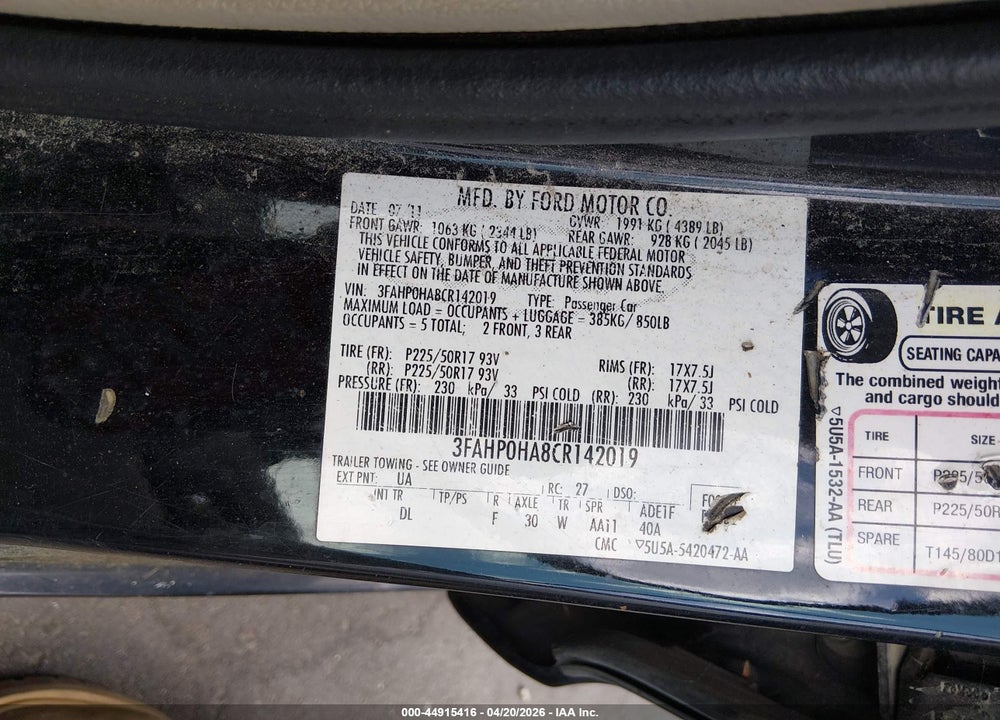 2012 FORD FUSION SE VIN: 3FAHP0HA8CR142019