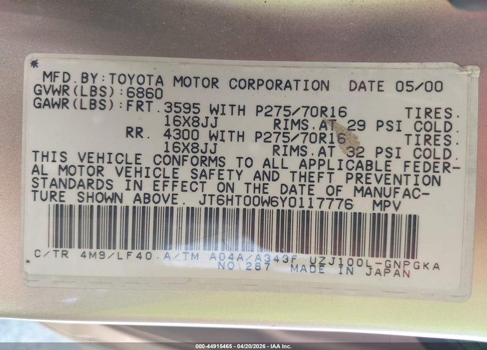 2000 LEXUS LX 470 VIN: JT6HT00W6Y0117776