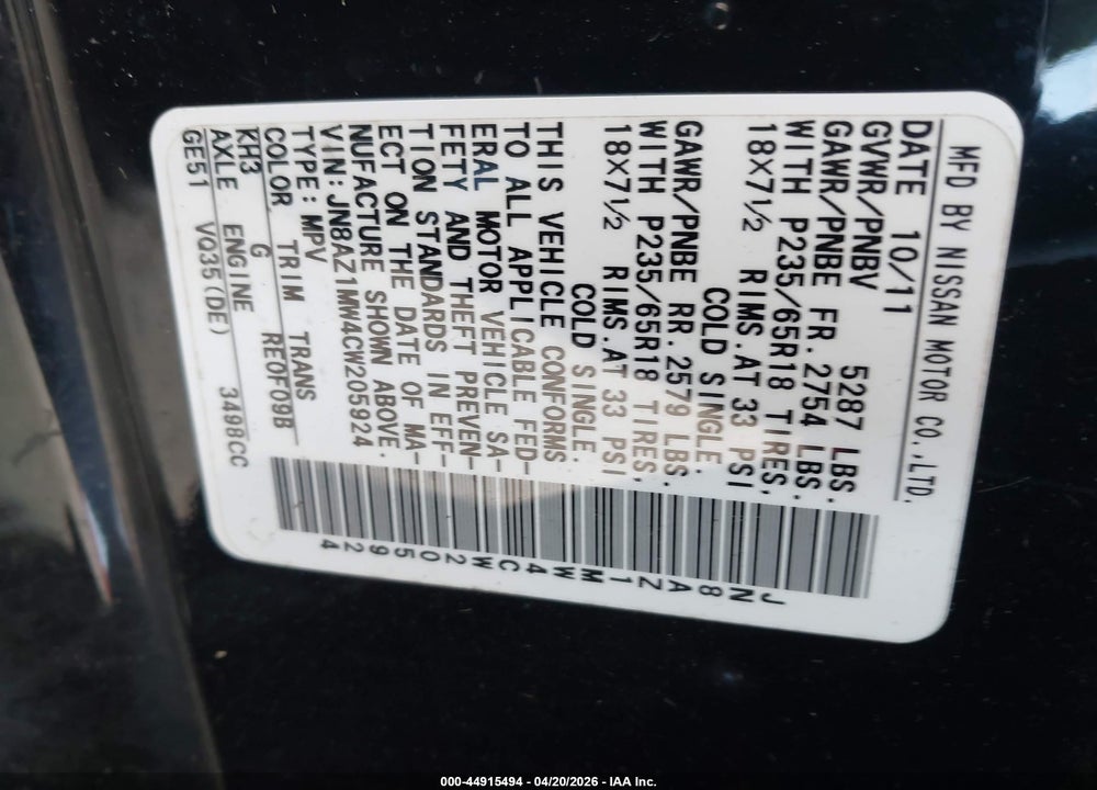 2012 NISSAN MURANO S VIN: JN8AZ1MW4CW205924