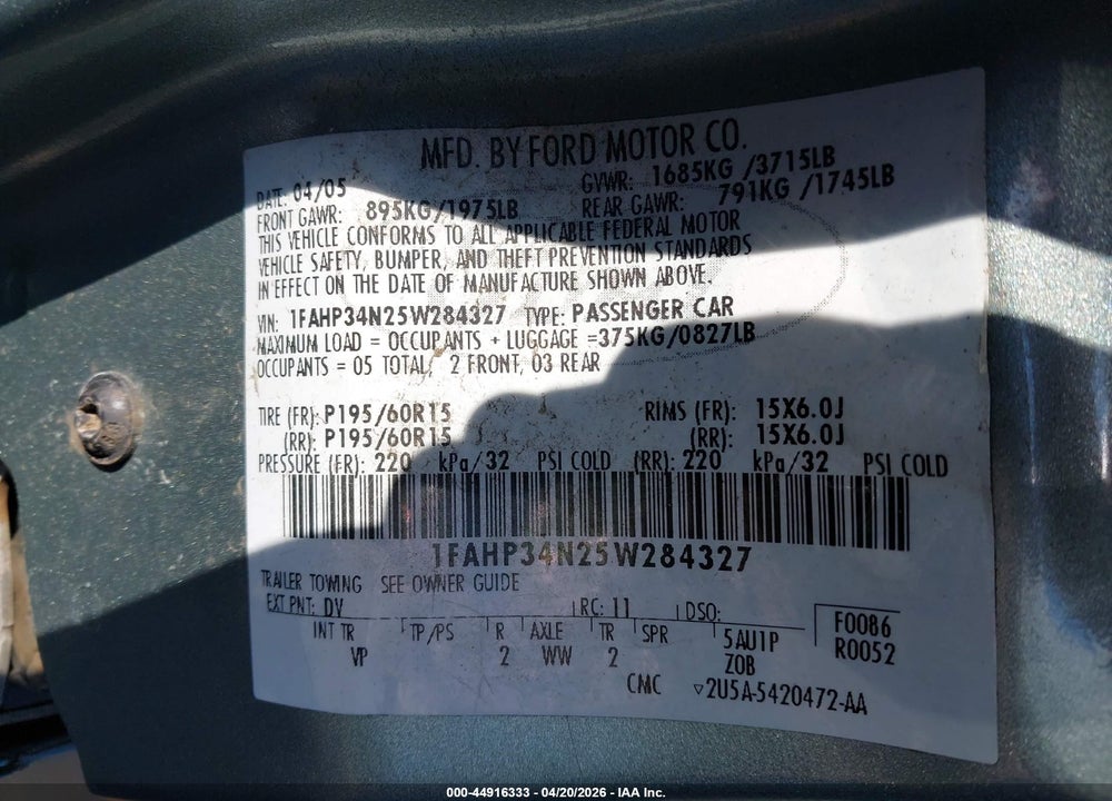 2005 FORD FOCUS ZX4 VIN: 1FAHP34N25W284327