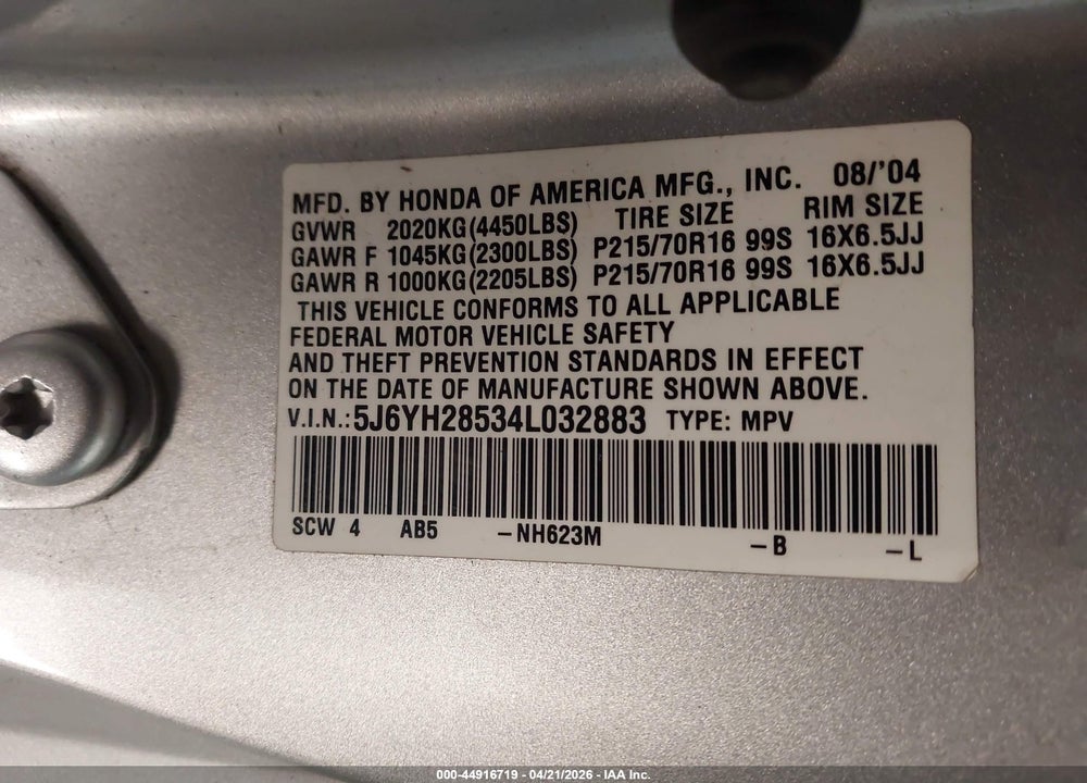 2004 HONDA ELEMENT EX VIN: 5J6YH28534L032883