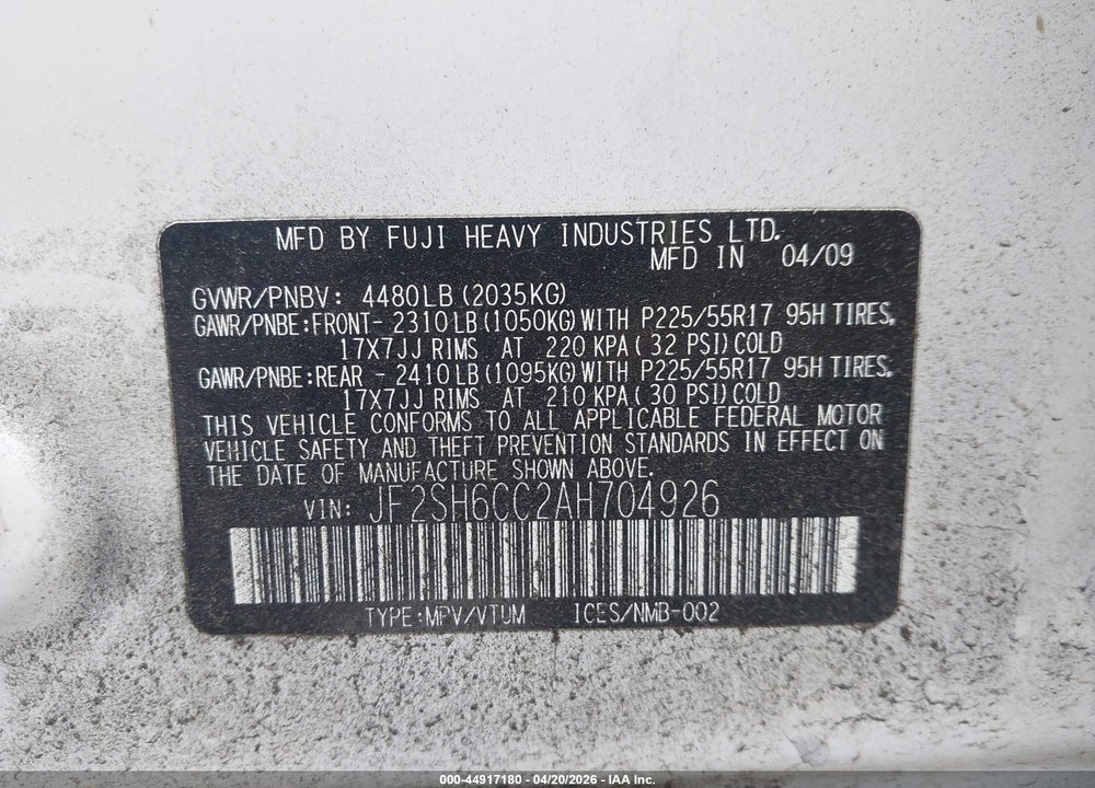 2010 SUBARU FORESTER 2.5X PREMIUM VIN: JF2SH6CC2AH704926