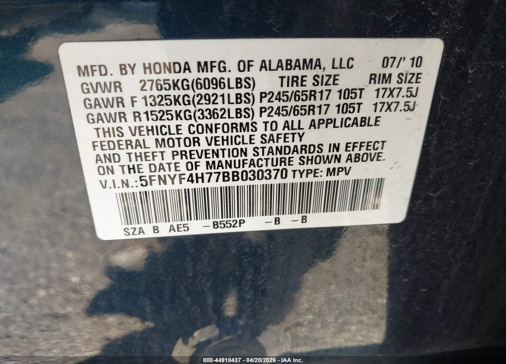 2011 HONDA PILOT EX-L VIN: 5FNYF4H77BB030370