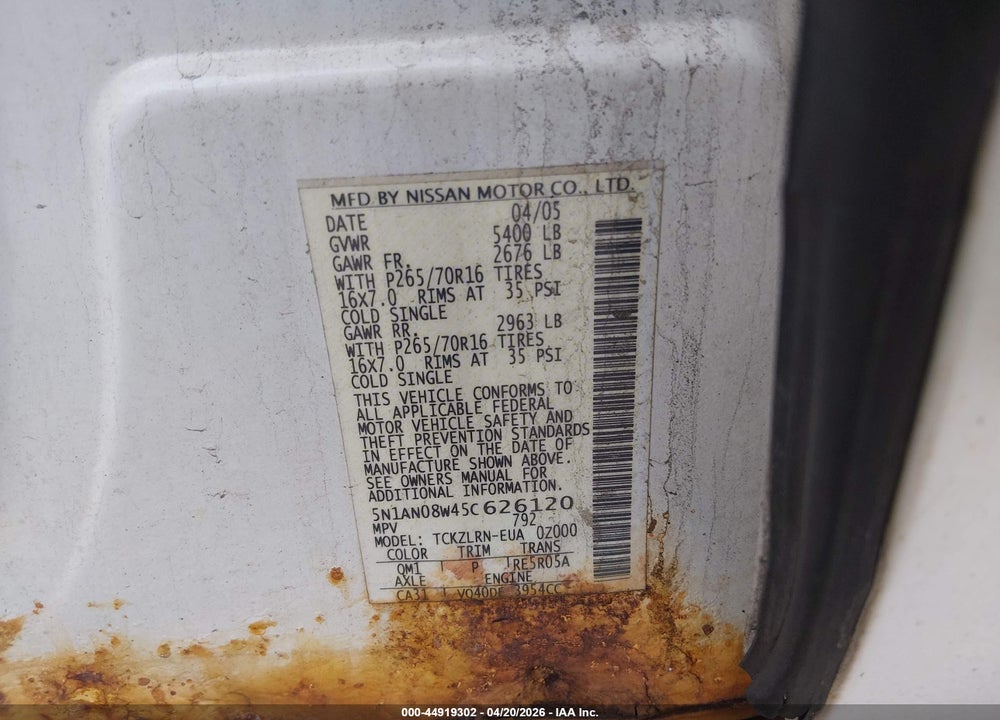2005 NISSAN XTERRA S VIN: 5N1AN08W45C626120