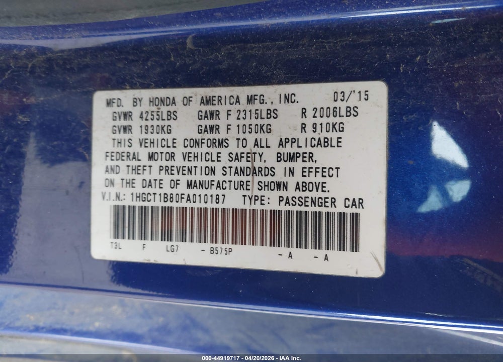 2015 HONDA ACCORD EX-L VIN: 1HGCT1B80FA010187